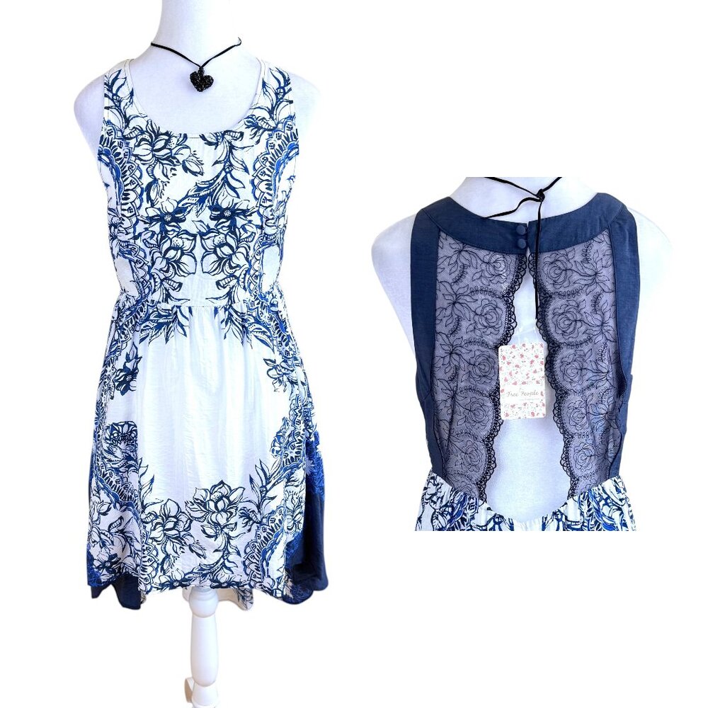Free People Dress Blue White Floral Back Lace (S) NWT